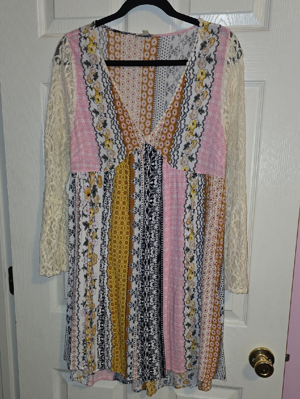 Kori Pink, Yellow & Cream Patchwork V‑Neck Long Sleeve Dress
